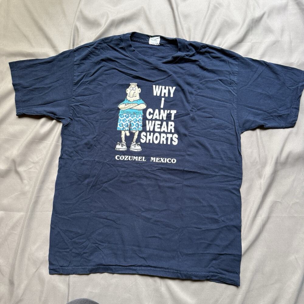 Vintage Funny Shirt Large Blue Why I Cant Wear Shorts Adult Vacation Souvenir